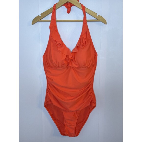 Ellen Tracy One Piece Swimsuit Coral Orange Ruffle Ruched Waist Womens 10 Beach - Picture 1 of 7